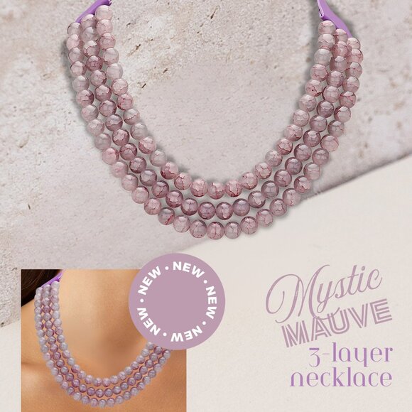 NEW Designer Inspo Beaded 3-Strand Bauble Bib Magentic Necklace in Mauve Purple - Picture 3 of 8